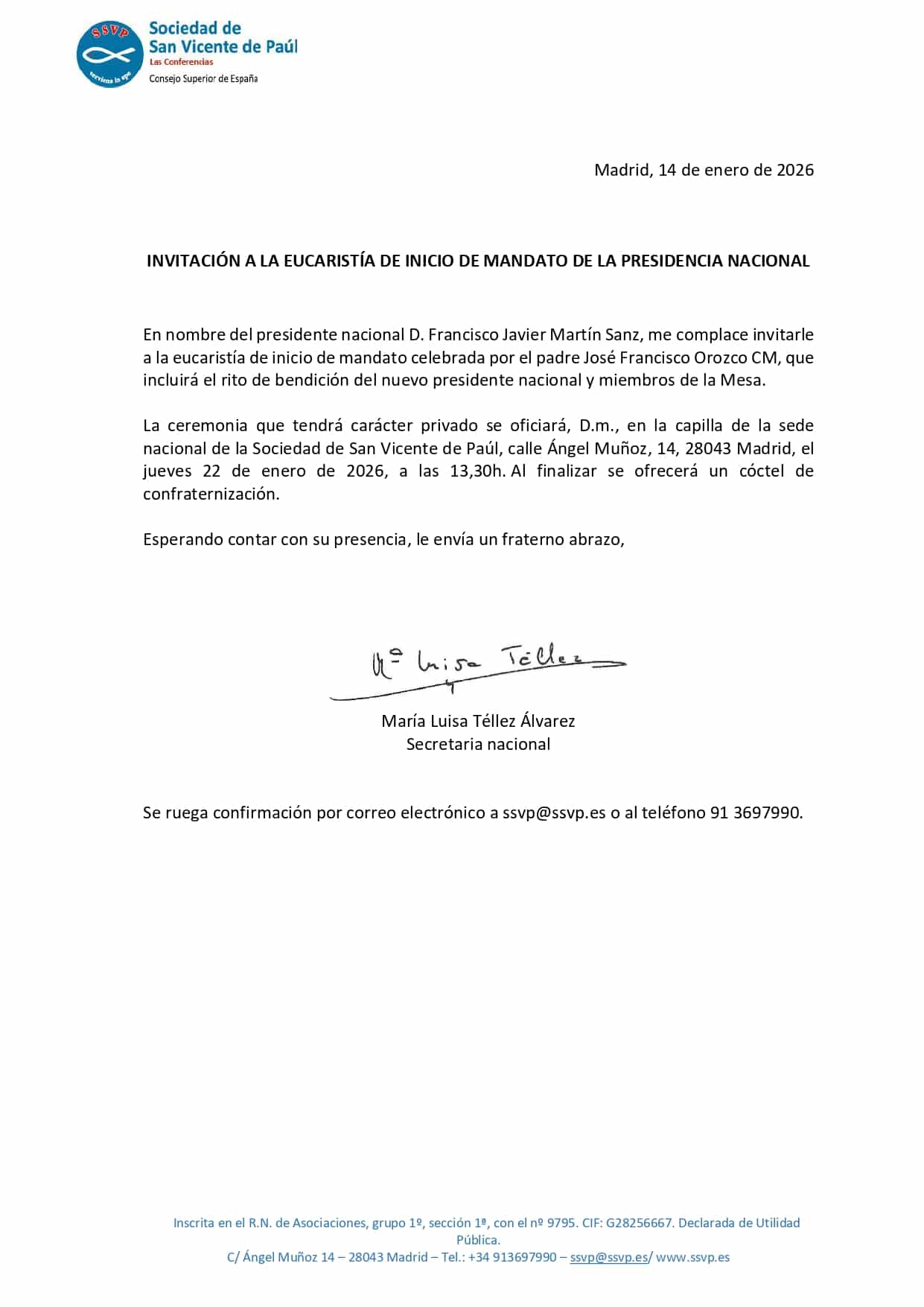 Carta de invitación acto nueva presidencia SSVP España